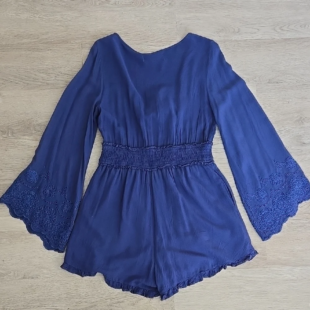 Francesca's Blue Rain Navy Embroidered Long sleeve Romper Size L